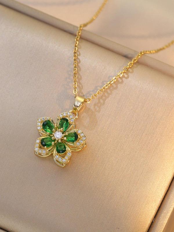 Rotatable Flower Design Pendant Necklace for Women, Rhinestone Decor Necklace for Party, Daily Clothing Decor, Trendy & Exquisite Jewelry for Holiday Parties 4