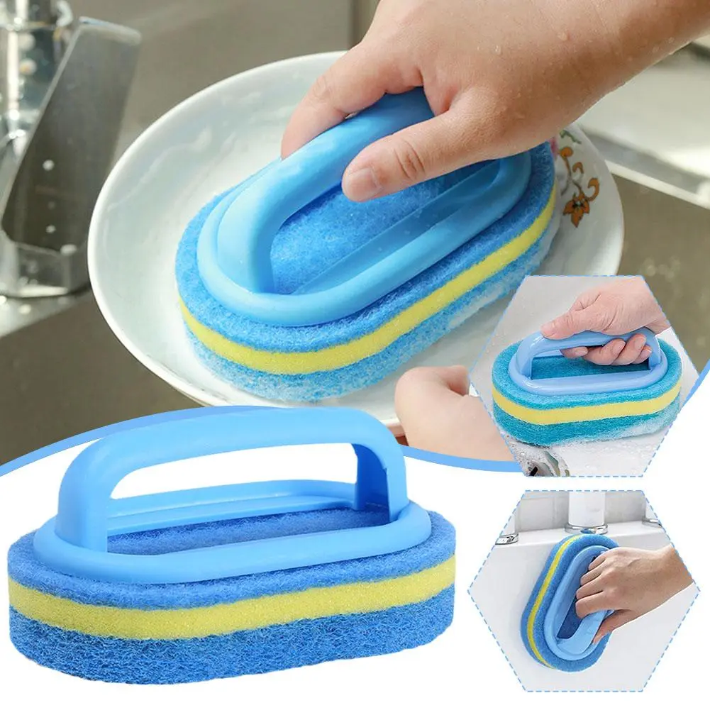 1pc Kitchen Sponge Wipe With Handle Cleaning Brush Bathroom Tile Glass Cleaning Sponge Thickening Stain Removal Clean Brush