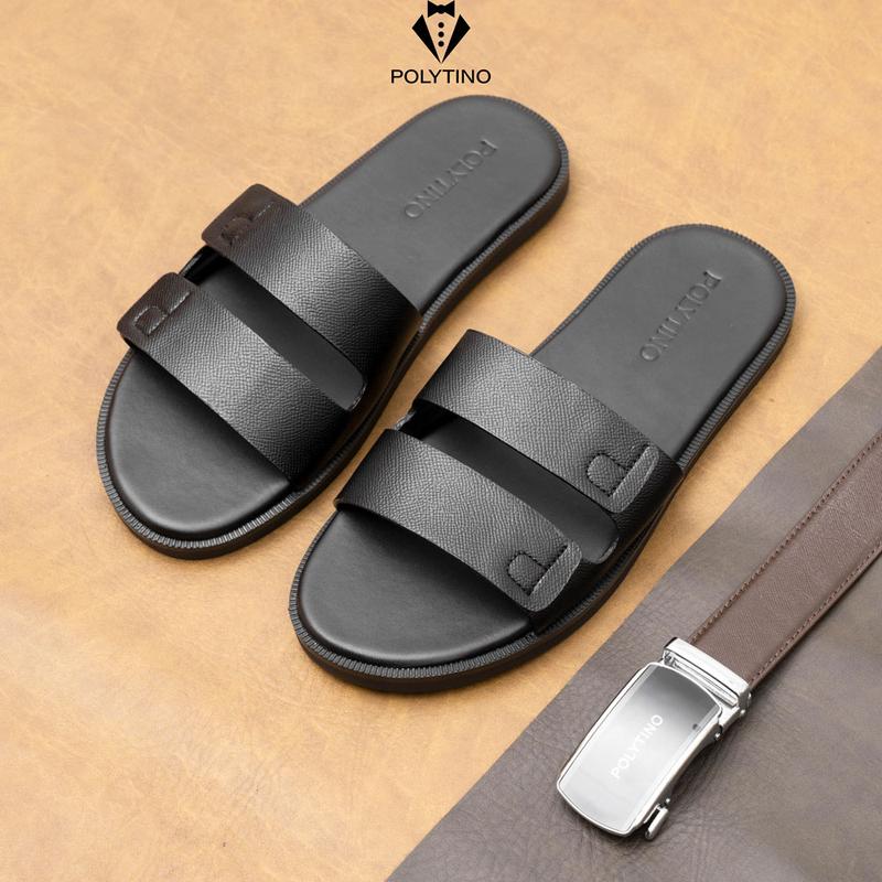 Dép Da Nam Cao Cấp 0183 POLYTINO Dép Quai Ngang Da Bò Thời Trang ĐI Làm Đi Chơi Bảo Hành 12 Tháng
