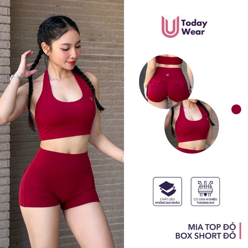 Set bộ đồ tập gym, yoga, tennis, pickleball, cầu lông nữ áo bra Mia Top đỏ mix quần Box Short đỏ Today U Wear thể thao