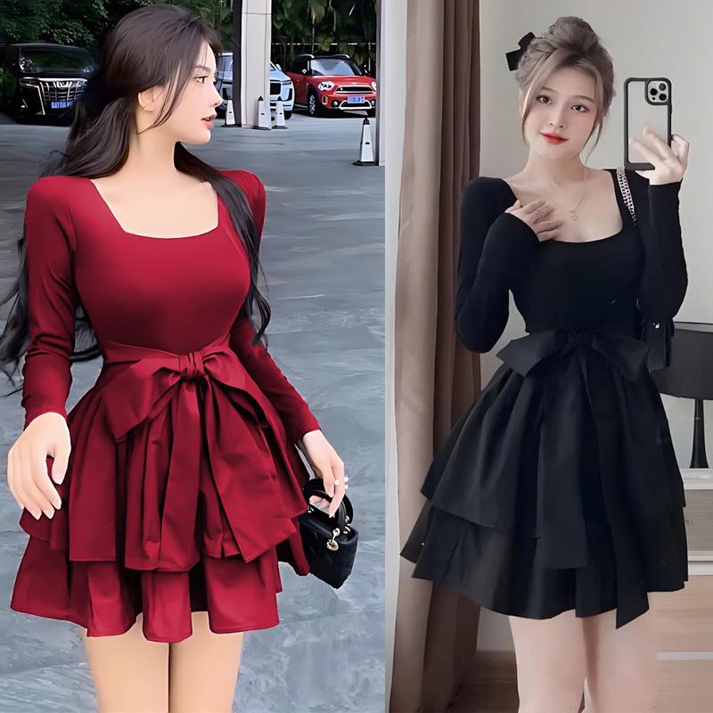 Đầm Váy Tay Dài Bigsize 40-95kg Chất Thun Phối Lụa Cột Nơ DV003 Dress Women Đen Đỏ váy tiệc mặc Noel Noen Tết