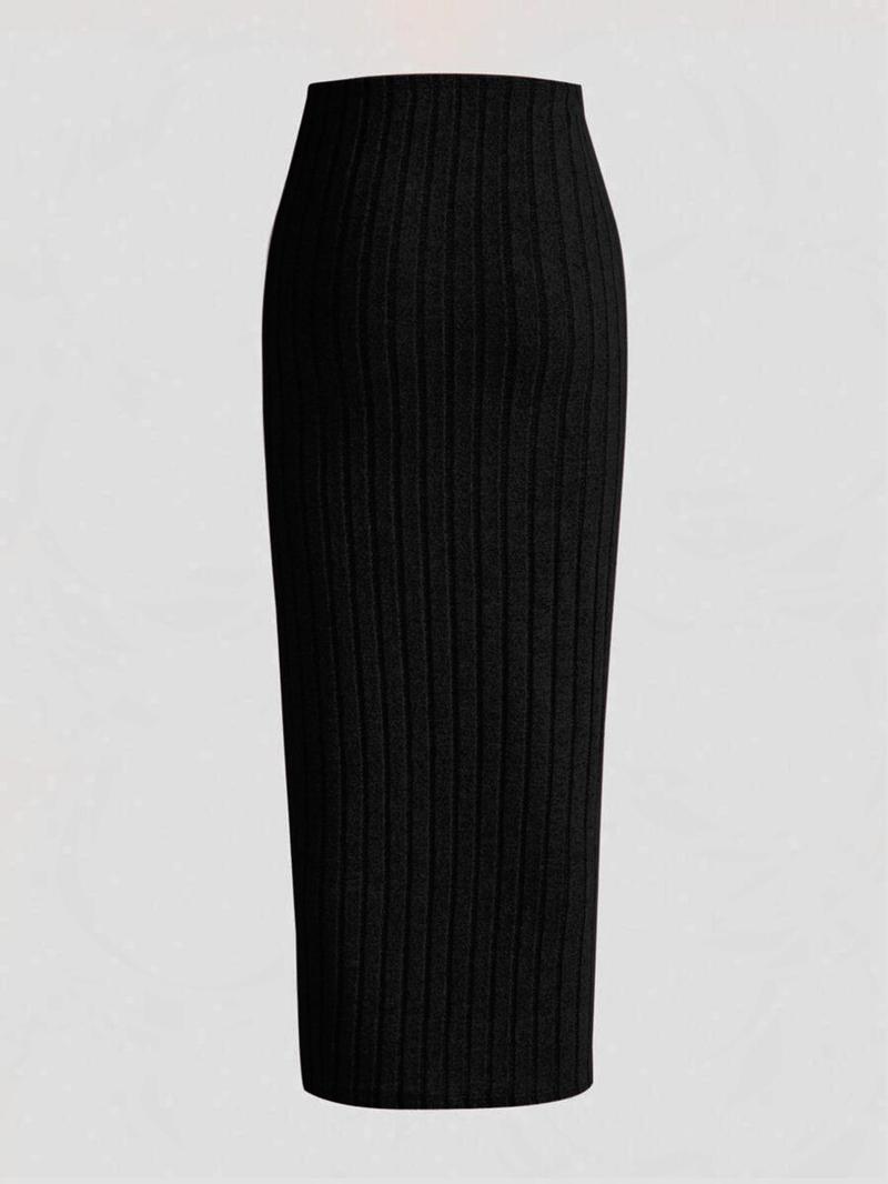 Product Introduction of Women's Solid Ribbed High Waist Bodycon Skirt, Casual Fashion Long Skirt for Daily Wear, Ladies Fall & Winter Bottoms 2