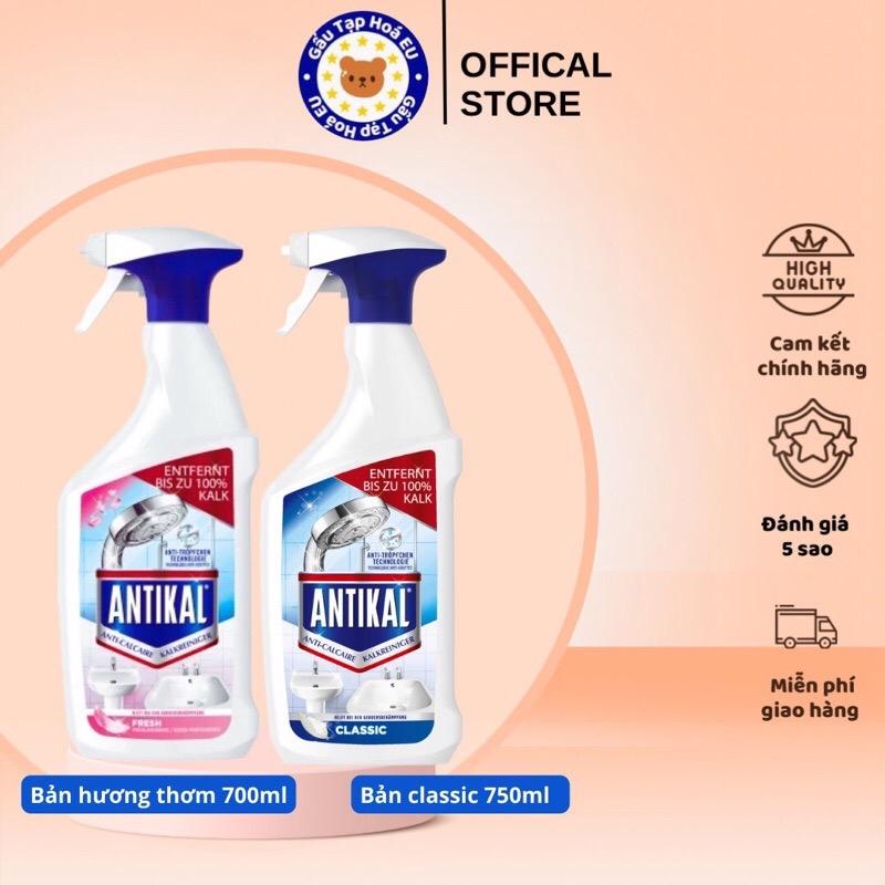 Bình xịt Antikal tẩy cặn canxi trên inox, vách ngăn kính nhà tắm, tường trong nhà tắm 750ml - hàng Đức Làm Sạch