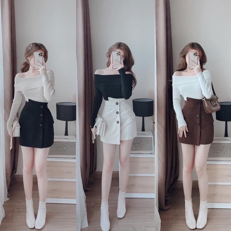 Chân váy 3 khuy nhung tăm cạp cao tôn dáng