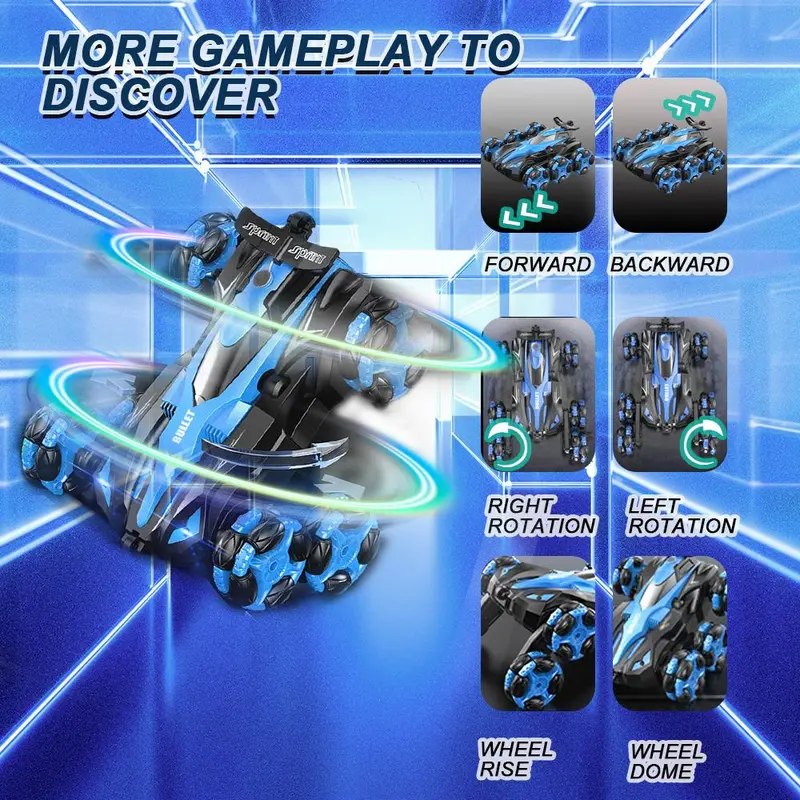 Spray Drift 360 Degree Spin Stunt Rc Car, 2.4GHZ Watch Sensor Dual Remote Control 6 Wheel Stunt Car, Rechargeable Toy Car with Lights and Music, Holiday Gift, Christmas Gift, Santa Presents, Secret Santa Funny Gift 4