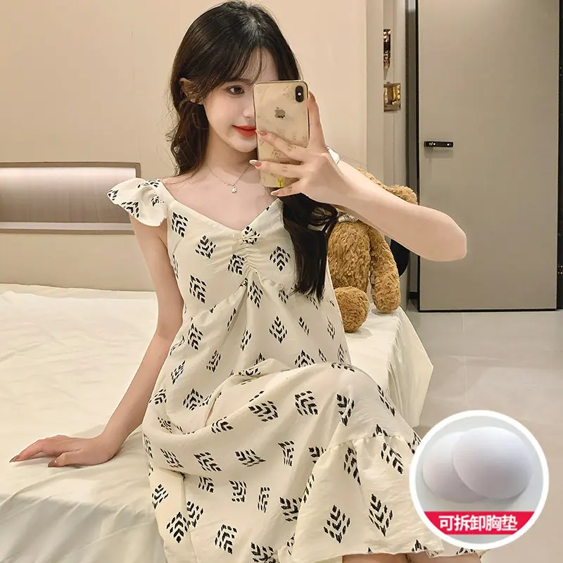 There is a New Style Cotton Cloud Chest Pad Mid-Length Summer Women's Nightgown with Small Flutter Sleeves Sweet Style Homewear Sleepwear Set