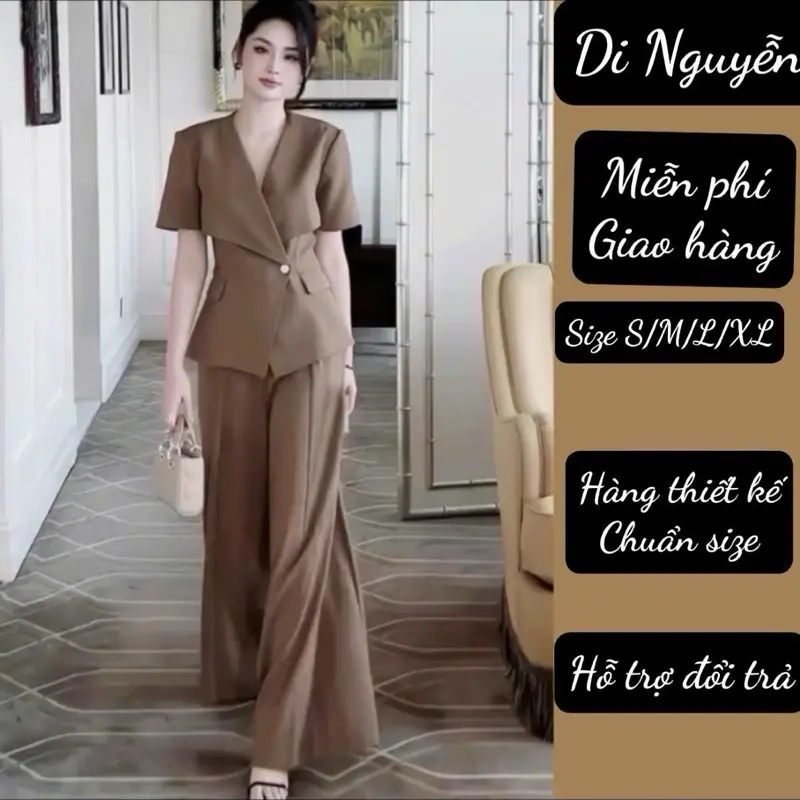 SÉT ÁO QUẦN THIẾT KẾ ( DN 165 ) CHẤT CONTON HÀN MỊN MÁT , PHOM ÁO CÓ TAY ĐẮP CHÉO VẠT, QUẦN DÀI XẾP LY ĐỔ