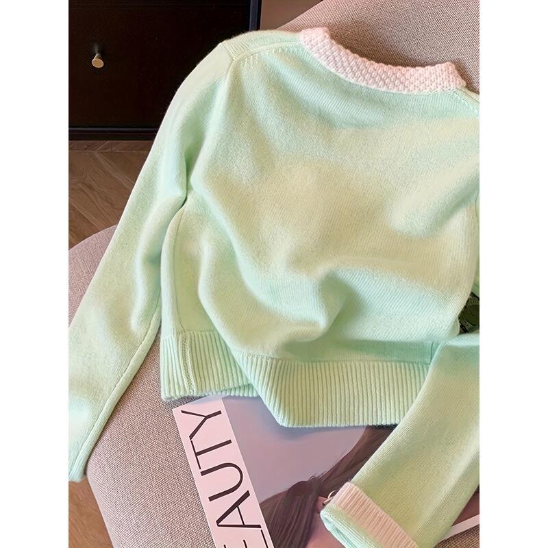 Áo Cardigan Dệt Kim, Trang Trí Tương Phản, Nút Phía Trước, Tay Áo Dài, Phong Cách Thường Ngày Thích Hợp Cho Mùa Xuân Và Mùa Thu, Quần Áo Nữ 1