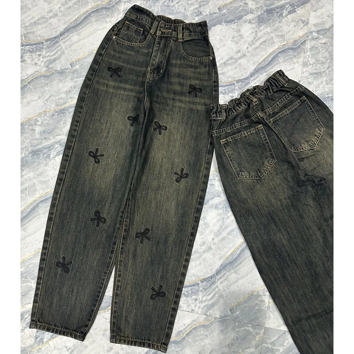 [Có bigsize] Quần Baggy Jeans QC Lung Thun Không Co Dãn Thêu Nơ Nữ Pants Women