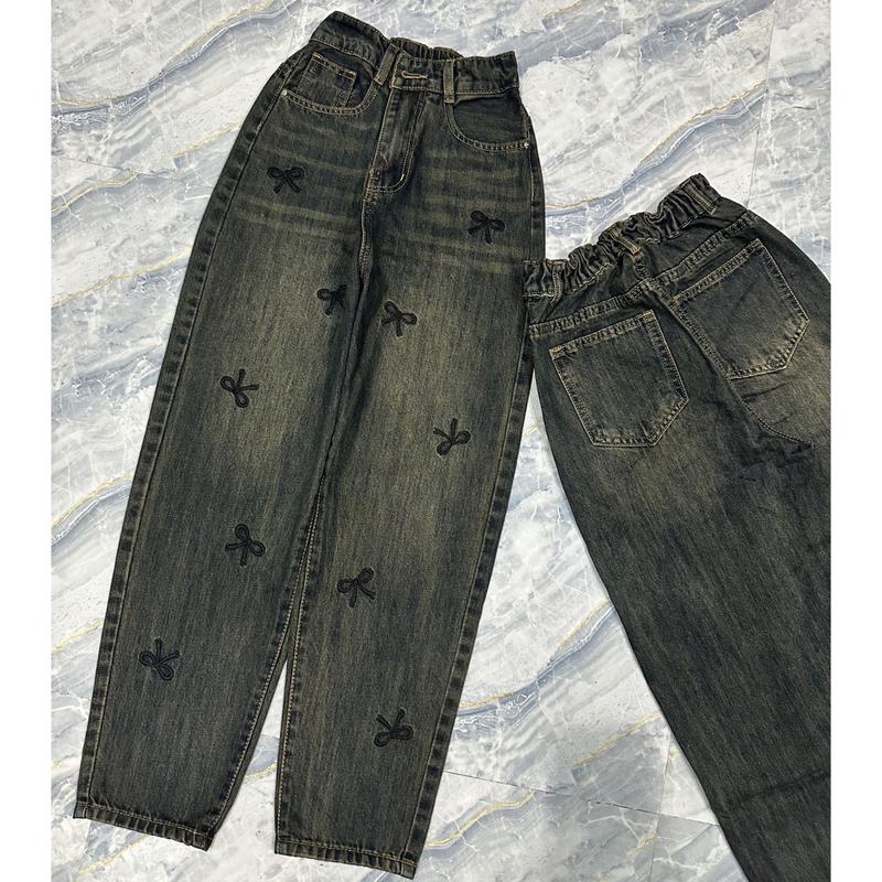   Có bigsize  Quần Baggy Jeans QC Lung Thun Không Co Dãn Thêu Nơ Nữ Pants Women 