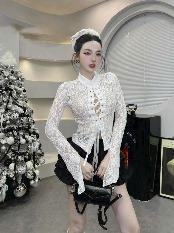 Sét Áo Ren 2 Lớp Tay Dài Phối Chân Váy Lụa Xếp Tầng Có Quần Trong Nữ Tính Dịu Dàng Thanh Lịch Sang Trọng Dễ Thương  - Free Size - Women, Top Màu ĐEN- ĐỎ 2