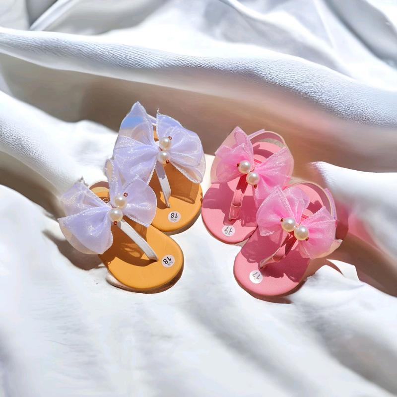 Dép kẹp có quai dán cho bé gái gắn nơ vải dễ thương hai màu hồng trắng