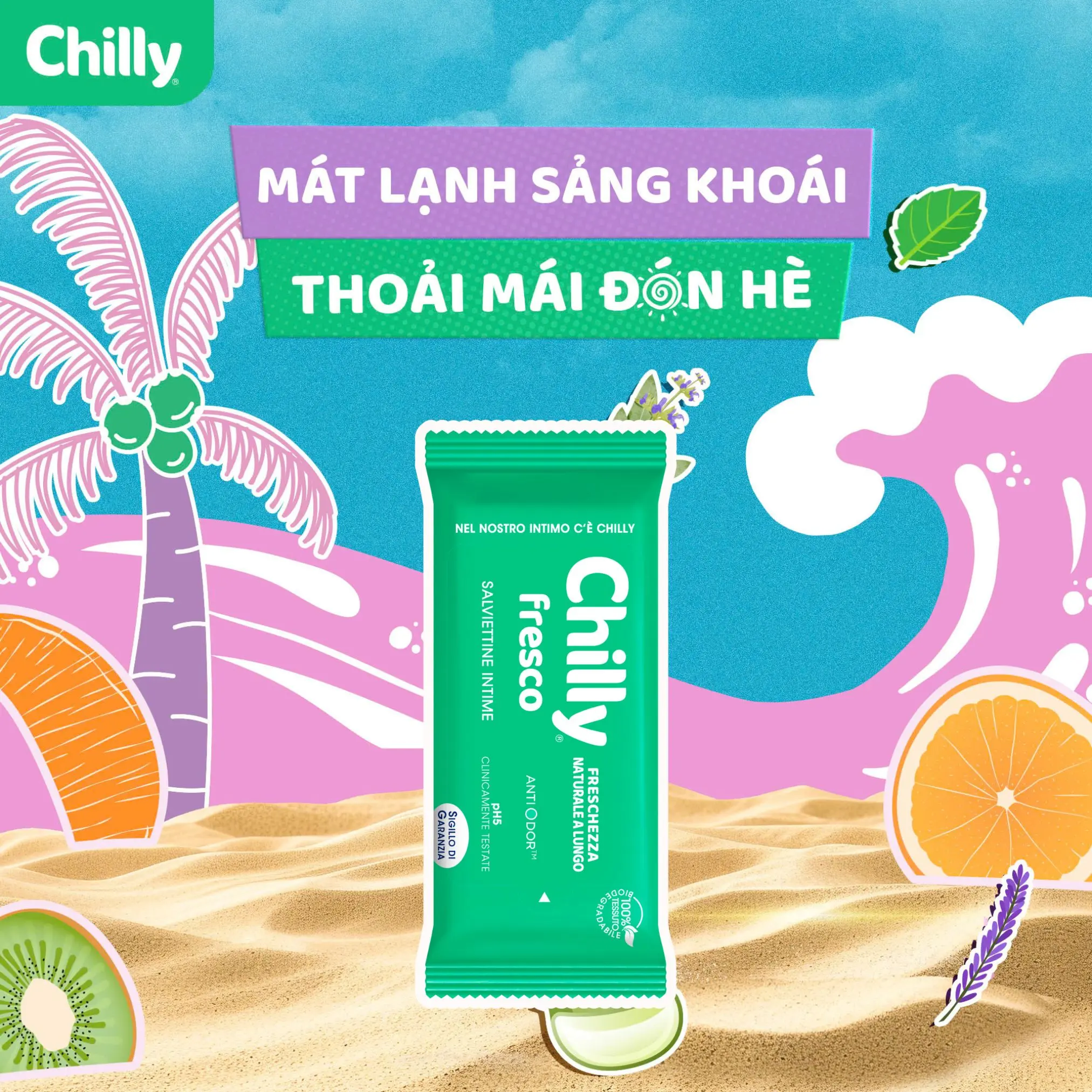 [Mẫu Mới 2024] Khăn lau vệ sinh Chilly Fresco Salviettine intime Anti-Odor - Gói 12 tờ