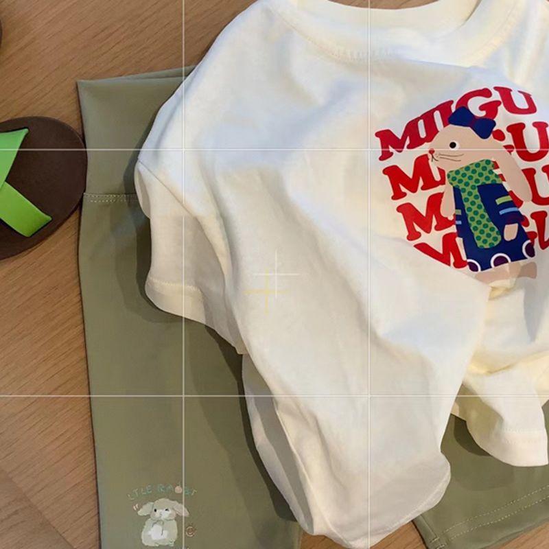 Product Introduction of Summer clothing new cotton short sleeved T-shirt for boys and girls, stylish cartoon bunny print, loose baby top for small and medium-sized children 18