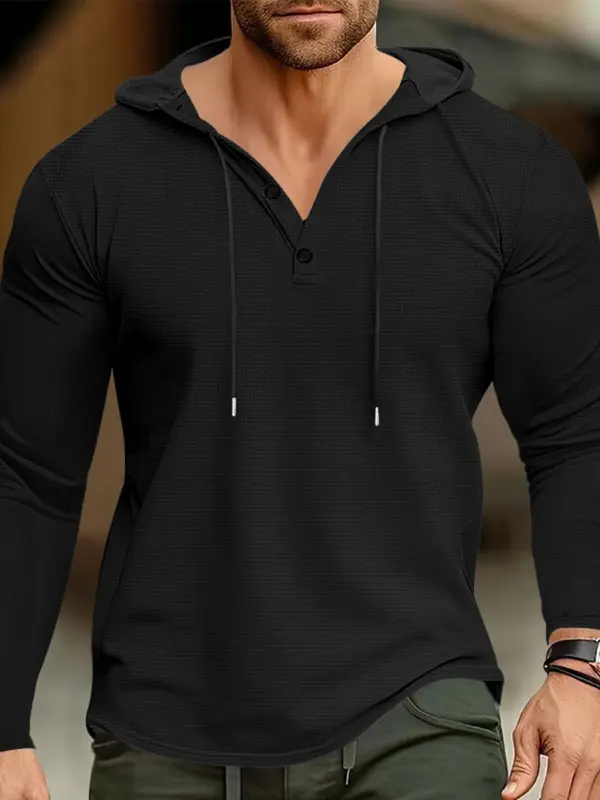 Men's Regular Fit Solid Button Front Hoodie, Casual Long Sleeve Drawstring Hooded Sweatshirt for Fall & Winter, Men's Clothes for Daily Wear 3