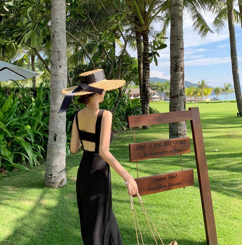 Product Introduction of Jumpsuit Women'S Black High Waisted Wide Leg Open Back Style Jumpsuit Loose Straight Leg Strap Pants 32