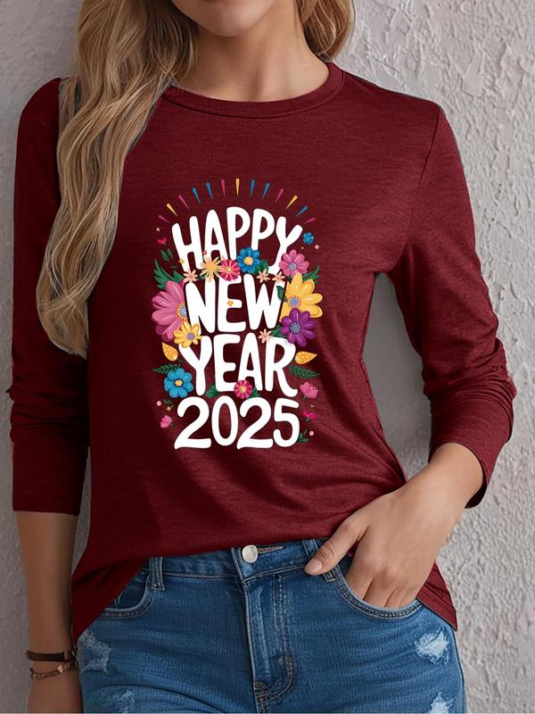 Women's Floral & Letter Print Round Neck Tee, Casual Long Sleeve Crew Neck T-Shirt for Spring & Fall, Fashion Women's Top for Daily Wear 1