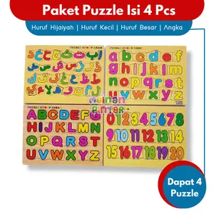 Mainan Edukasi Anak Paket Puzzle Kayu Isi 1/2/3/4 Pcs Huruf Hijaiyah Arab Huruf Besar Kecil Angka 0-20