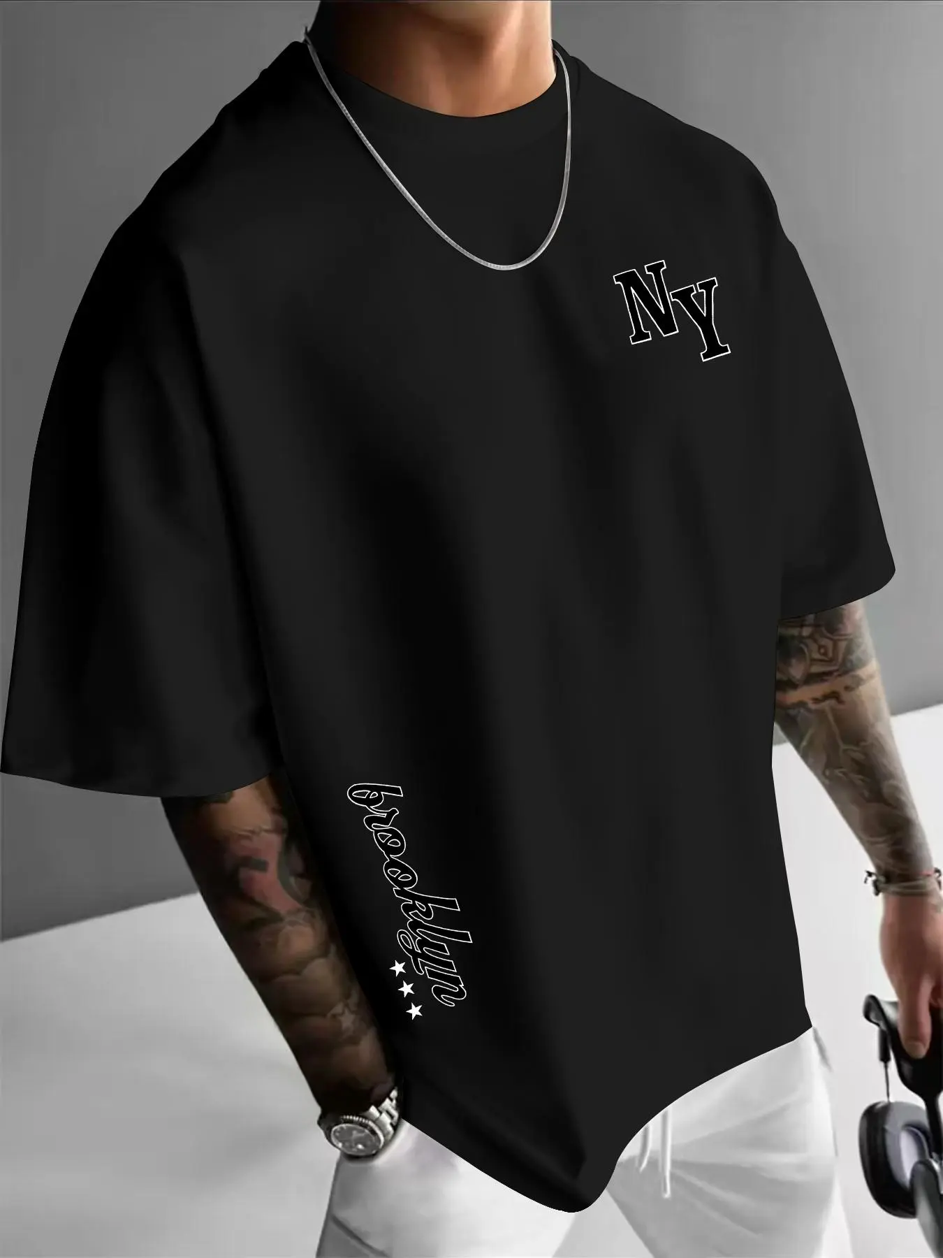 Men's Regular Fit Letter & NY Print Round Neck Tee, Casual Short Sleeve Crew Neck T-Shirt for Summer, Fashion Men's Top for Daily Wear, Tropical