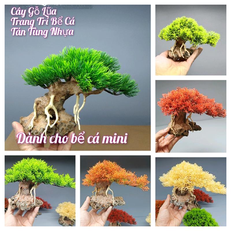 Cây gỗ lũa bonsai cho hồ cá. Phần đế đá. Tán bằng Tùng nhựa giả