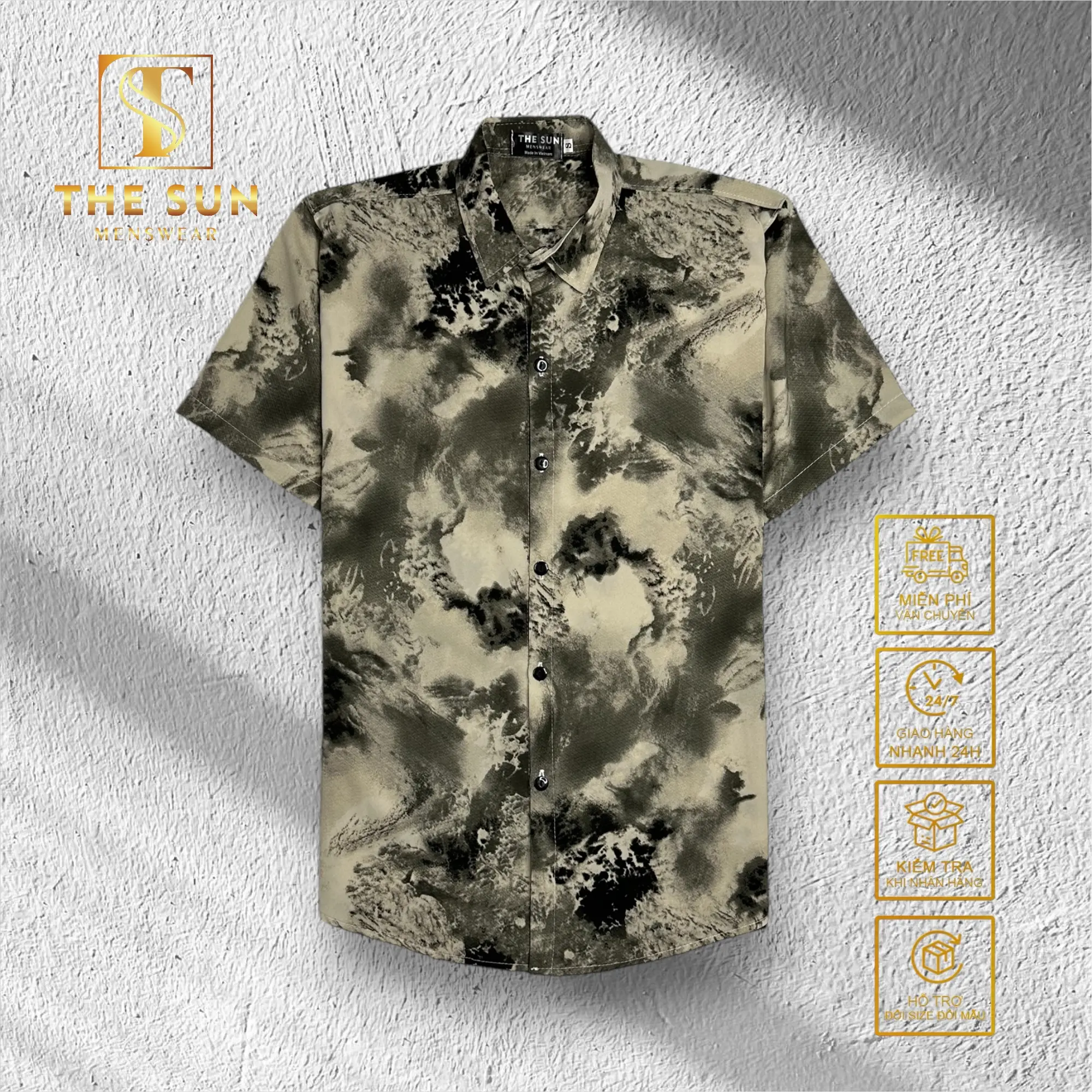 Áo Sơ Mi Lụa Họa Tiết Loang 2 Màu - Cuban Shirt TS54, TS59 - Size 50-100kg - Vải Lụa Thoáng Mát, Chống Nhăn, Chống Nhàu Tốt - The Sun Menswear