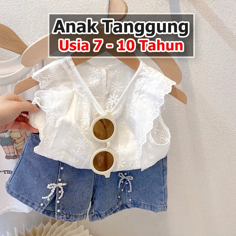 BABYHOKI STORE Usia 7 8 9 10 Tahun Baju Anak Tanggung Cewek [363637] - Setelan Blouse Kutung Celana Pendek Jeans Anak Perempuan - Motif Pearl Ribbon 0