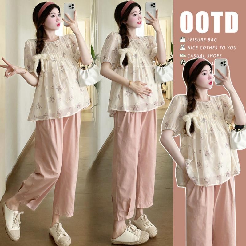 Young Mom | Đồ bộ bầu công sở BV286 gồm áo kiểu cách điệu và quần form đứng màu hồng, chất liệu mềm mại mùa hè mát mẻ Thai sản Thai kỳ Thoải mái Váy Bầu Đầm Bầu Kem Voi Sandal