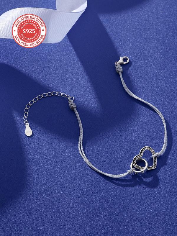 925 Sterling Silver Hollow Out Heart Charm Bracelet, Fashionable Rhinestone Decor Adjustable Bracelet for Women & Girls, Fashion Jewelry for Party, Daily Clothing Decor, Trendy All-match & Exquisite Jewelry for Birthday Gift 3