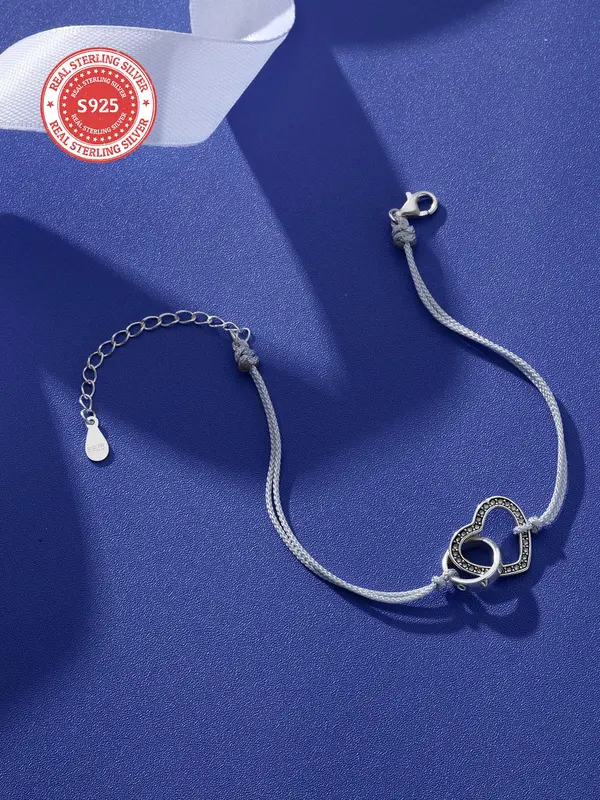 925 Sterling Silver Hollow Out Heart Charm Bracelet, Fashionable Rhinestone Decor Adjustable Bracelet for Women & Girls, Fashion Jewelry for Party, Daily Clothing Decor, Trendy All-match & Exquisite Jewelry for Birthday Gift 2