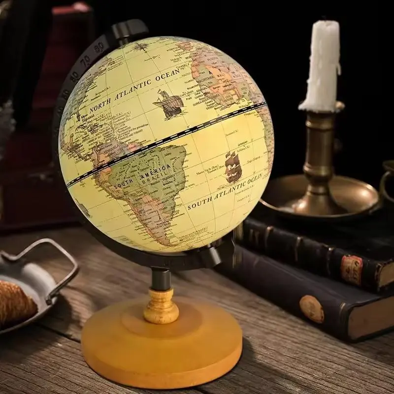 Vintage Wooden Globe, 1 Count Earth Map Globe, Retro Desktop Ornament, Office Desk Decor, Home Decoration, School Supplies, Stocking Fillers Gift 0