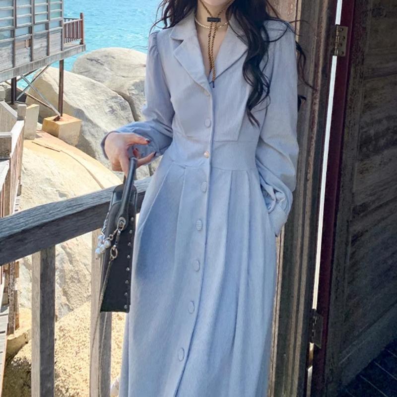 Product Introduction of Dress Korduroi Wanita Musim Gugur Gaya Korea Baru Desain Kerah Rok Panjang Manis Biru Merah Midi Putih Casual Gaun Retro Sifon Pendek Mini 21