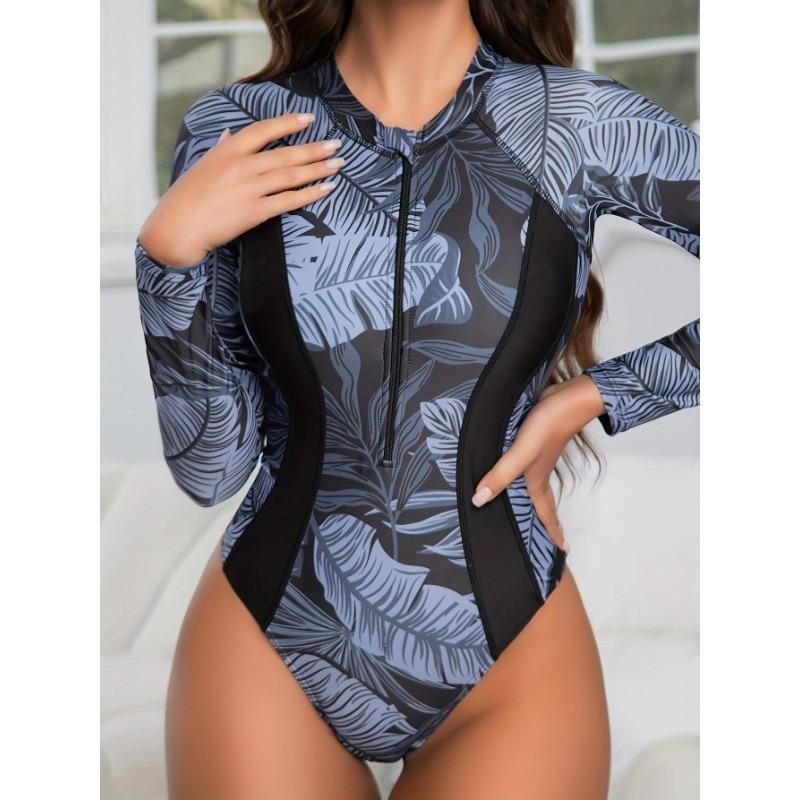 Leaf Print One-piece Swimsuit, Sun Protective Long Sleeves Half Zipper Surfing Water Sports Swimsuit, Women's Swimwear & Clothing 2