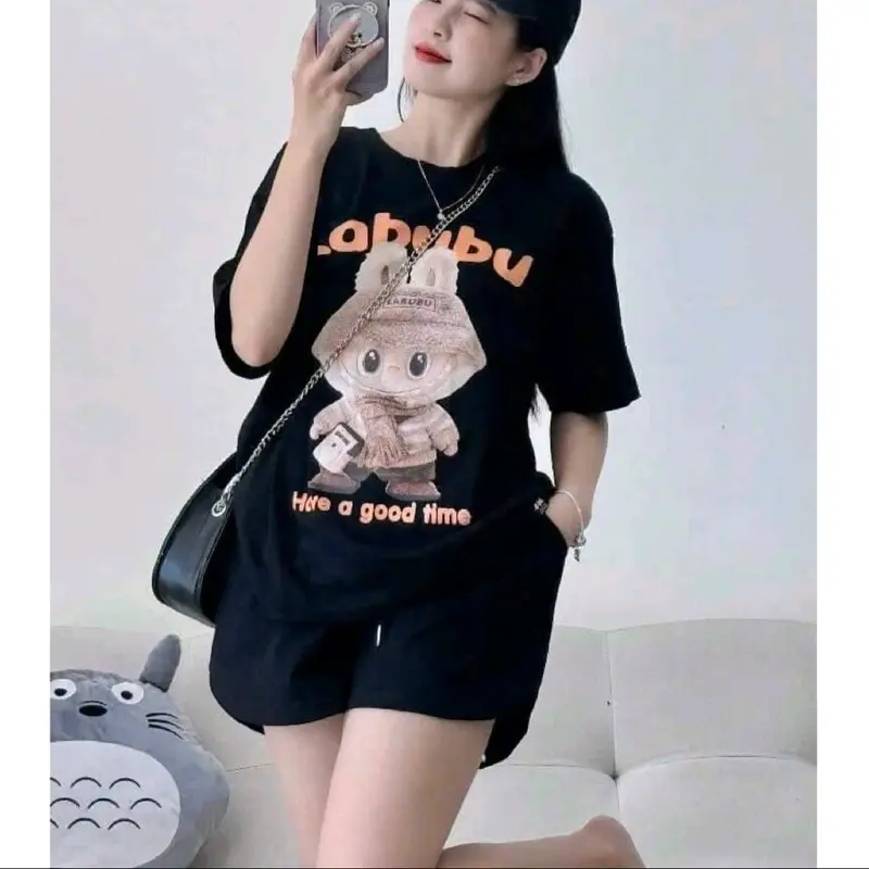 Đồ bộ Labubu thun cotton su 3158 quần đùi short hình in 5D y ảnh free size dưới 65kg nhiều mẫu 4