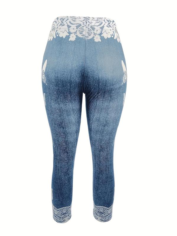 Women's Butterfly & Denim-Effect Print Elastic Waist Capri Leggings, Casual Comfy High Waist Skinny Pants for Daily Wear, Ladies Summer Bottoms 1