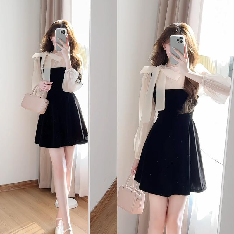 Váy nhung phối tơ tay bồng buộc nơ cổ tiểu thư Hàn Quốc xixeoshop -V32 Nữ Women