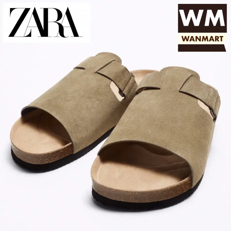 ZARA Men Sandal Split Suede Slide Sendal Pria Khaki