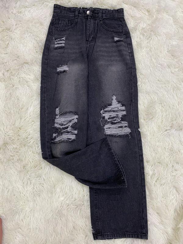Quần bò nữ cạp cao dáng xuông 0700 màu đen rách cá tính, cạp cao hách dáng - Women, Pants Jean 5