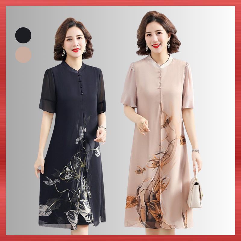 Đầm Trung Niên Nữ D804, Mẫu Váy Đi Tiệc Xẻ Tà Chất Voan QC 2 Màu Đen Kem Form Rộng Bigsize In 3D Sang Trọng, Thời Trang Trung Niên Women Dress NP Clothing U50