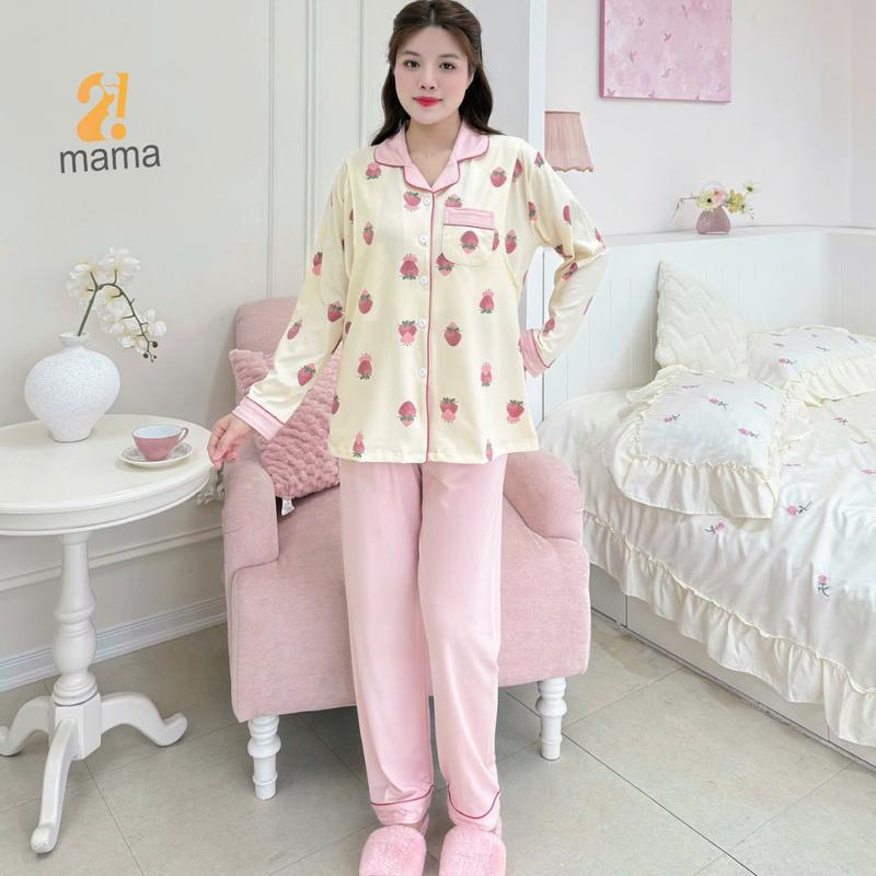  Bộ Pyjama Bầu Mặc Nhà Cotton Dâu hồng Đồ Bầu Sau Sinh Mở 2 Bên Cho Con Bú Và Quần Chun Chỉnh Bụng Dài Tay 2mama 