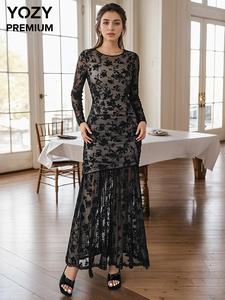 YOZY Women's Floral Pattern Ruched Round Neck Dress, Elegant Long Sleeve Dress for Party Holiday Wedding Guest, Ladies Clothes for All Seasons