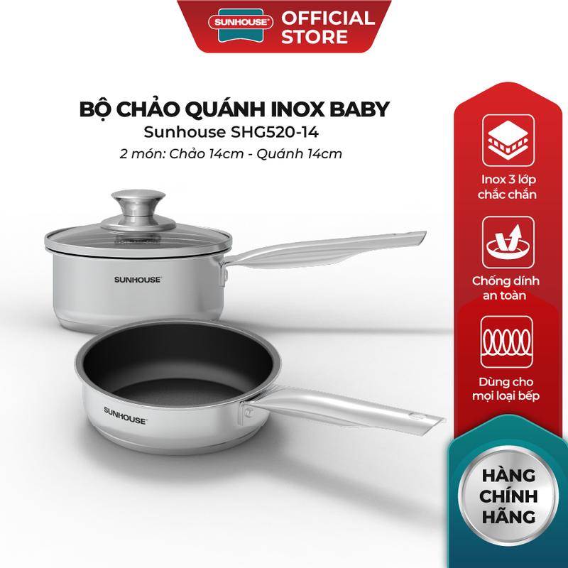  Bộ chảo quánh inox Baby Sunhouse SHG520-14 - Đường kính 14cm - Phù hợp mọi loại bếp - Phủ 2 lớp chống dính inox 3 đáy 