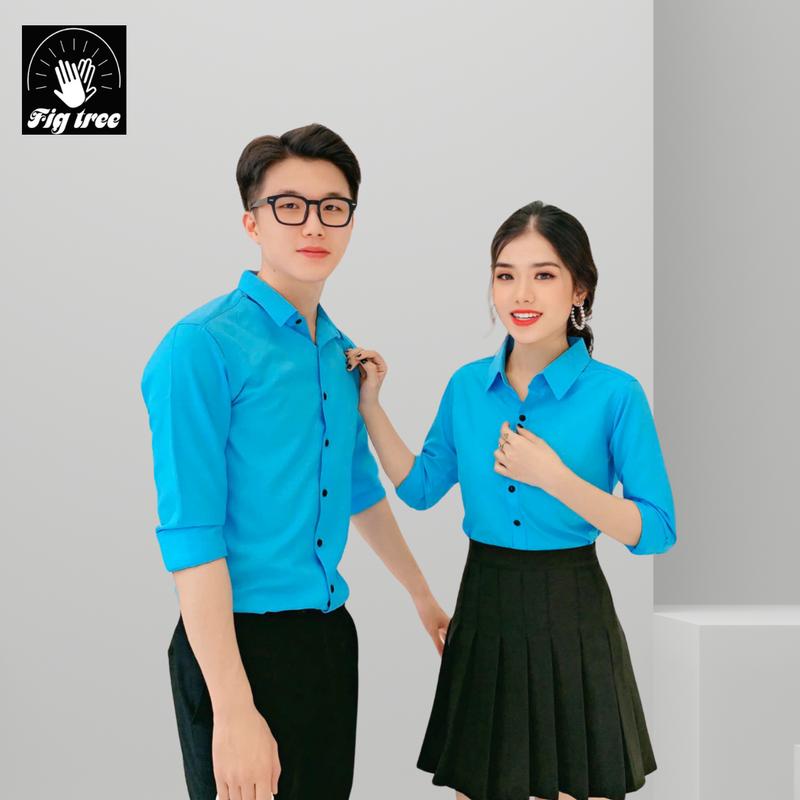 Aó Sơ Mi Nam, Nữ, Cặp Đôi Fig Tree ( Giá 1 áo ) - Màu Xanh Ngọc, Form Basic Lên Dáng Thanh Lịch, Chất Vải Cotton Trơn Mềm Mịn, Thoáng Mát.