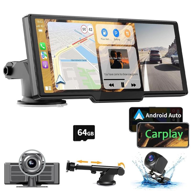 Product Introduction of 10.2 Inch Wireless Car Player, Portable Car Player with Adjustable & Detachable Mount, 4K Dash Cam & 1080P Backup Camera, HD IPS Touchscreen, GPS Navigation, Bluetooth-compatible, Car Stereo, Radio 0