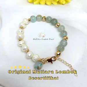 Gelang Mutiara Air Tawar Lombok Asli Original Kombinasi Batu Alam Blue Ice