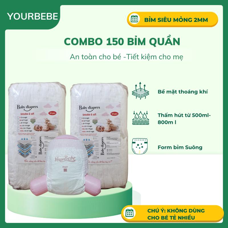YOURBEBE - Combo 150 bỉm quần  (3 bịch ) bỉm quần Yourbebe ( Hàng 1 mẫu ) :  Bỉm suông your bebe. Bỉm mỏng 2mm. Đủ size S Đến 3XL. Độ thấm hút  từ 500ml-800ml. Cho Bé