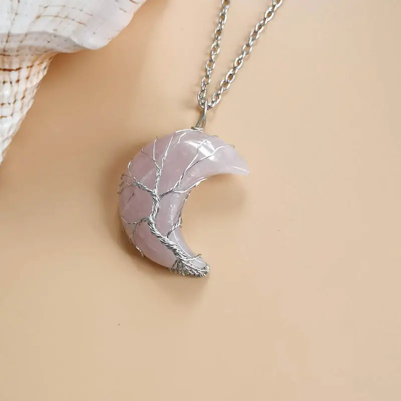 Mặt Dây Chuyền Hình Mặt Trăng Lưỡi Liềm, Thiết Kế Cây Sự Sống, Quấn Dây, Đá Quý Tự Nhiên, Pha Lê Chữa Lành Dành Cho Phụ Nữ, Vòng Cổ Dây Chuyền, Đồ Trang Sức Nữ 2