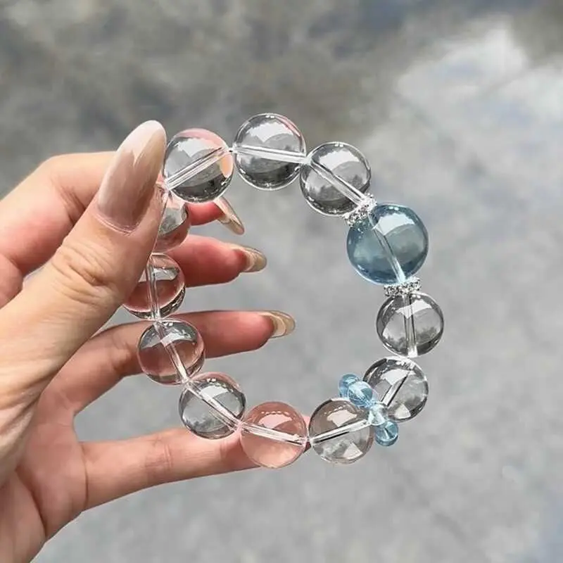 Retro Good-looking Cool Feeling White Crystal High Clear Transparent Ice Sea Blue Treasure Large Particle Transfer Beads Flexible Ring Bracelet for Women