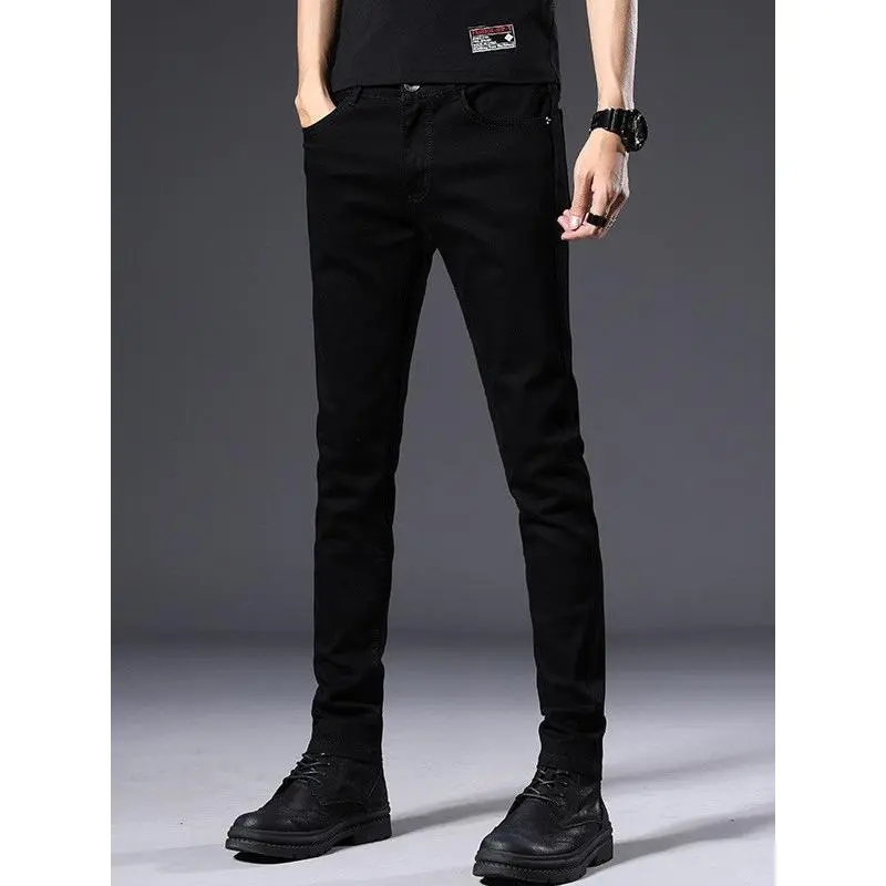 Quần Dài Jean Nam, Màu Đen Thuần Khiết, Co Giãn, Dáng Ôm, Mỏng Vừa Vặn, Phong Cách Hàn Quốc, Dễ Phối Đồ, Hợp Xu hướng, Thường Ngày, Quần Co Giãn, Quần Dài Mỏng quần  đùi