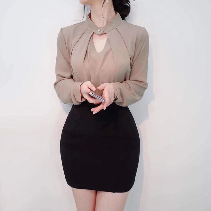 Áo Sơ Mi Dài Tay Màu Trơn Cho Nữ, Áo Sơ Mi Đế Gợi Cảm Mới, Áo Sơ Mi Nhỏ, Áo Trượt Trên Đầu, Khăn Quàng Cổ Thanh Lịch 5