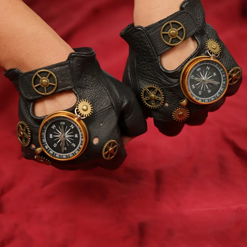 1pair Steampunk-Inspired Fingerless Gloves, Faux Leather With Metal Compass And Gears, Punk Rock Style, Rivet Accents, Halloween Cosplay Accessory 0